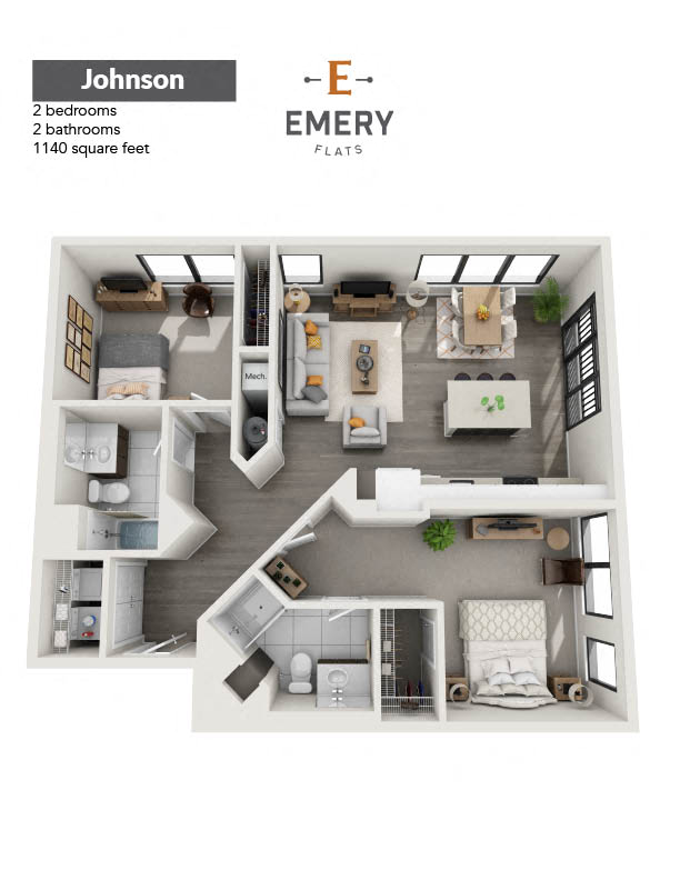 Floor plan for 2 beds, 2 baths, 1140 sqft